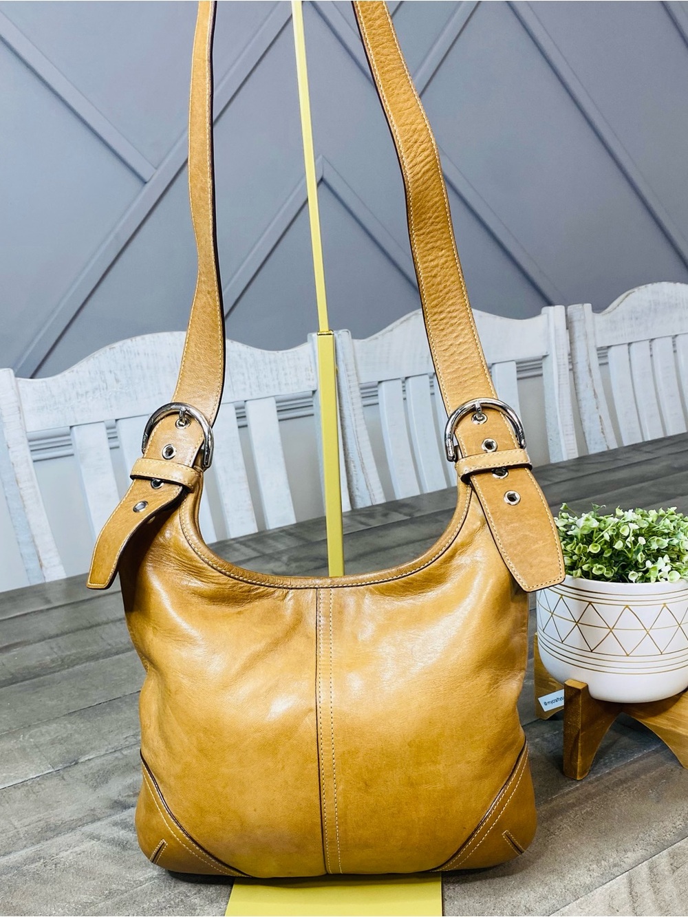 Vintage Coach Soho Legacy Slim Hippie Hobo Bag Tan Leather 9549 Crossbody Y2K